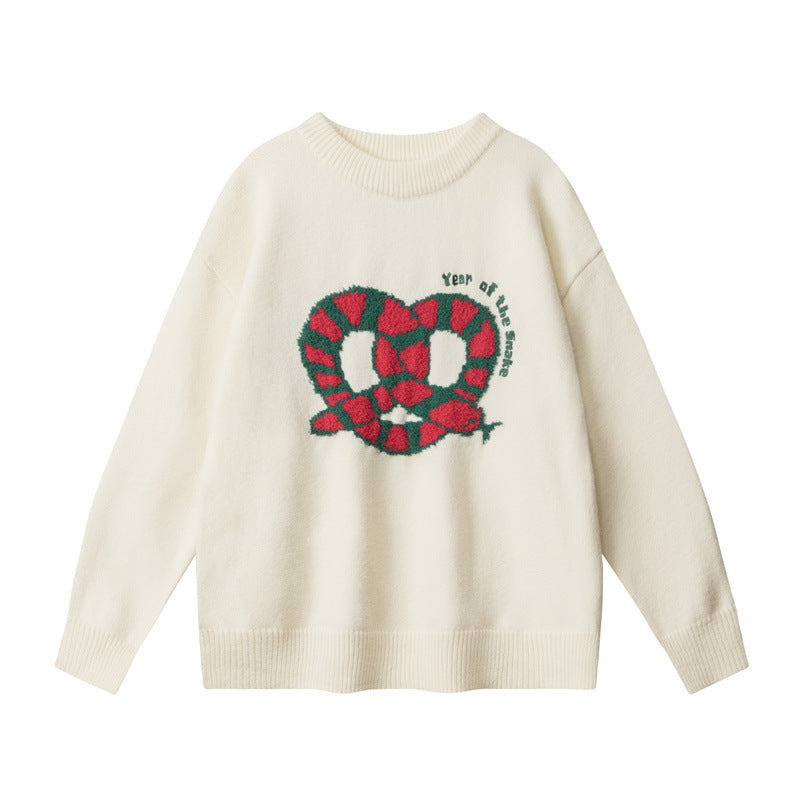 White colored sweater with red and green pretzel embroidery design