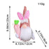 Measurement image of a pink Easter gnome plush with a polka dot hat, white bunny ears, and a fabric carrot, dimensions shown.
