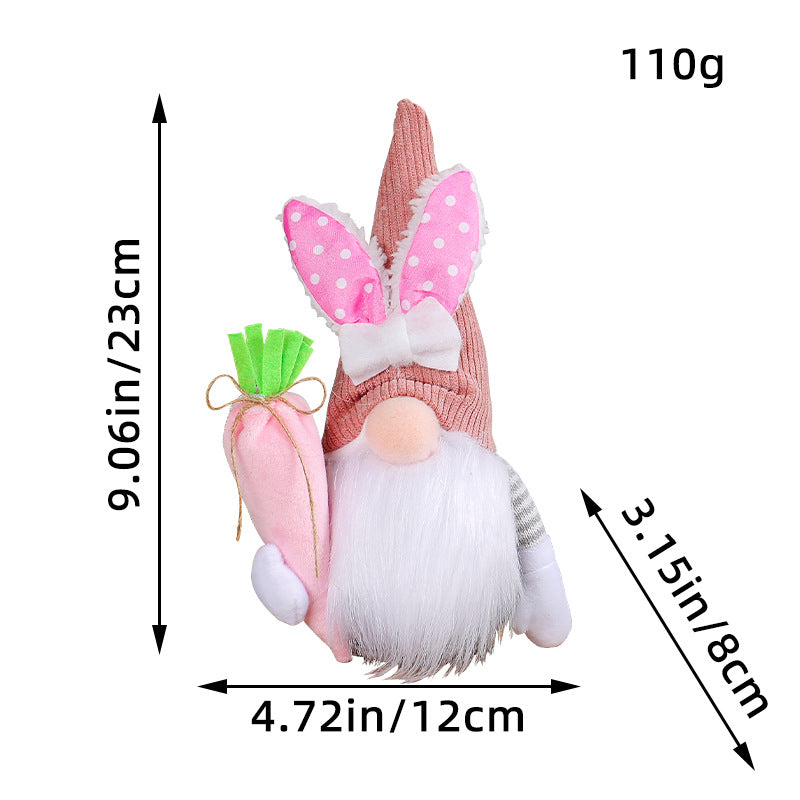 Measurement image of a pink Easter gnome plush with a polka dot hat, white bunny ears, and a fabric carrot, dimensions shown.