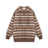 Brown earth-tone striped zip-up hoodie with textured knit pattern and ribbed cuffs displayed flat against white background