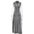 A gray tailored sleeveless vest and pleated midi skirt displayed on transparent mannequin against clean white background