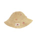 Beige woven straw bucket hat with embroidered apple details and a fabric label, displayed on a white background.