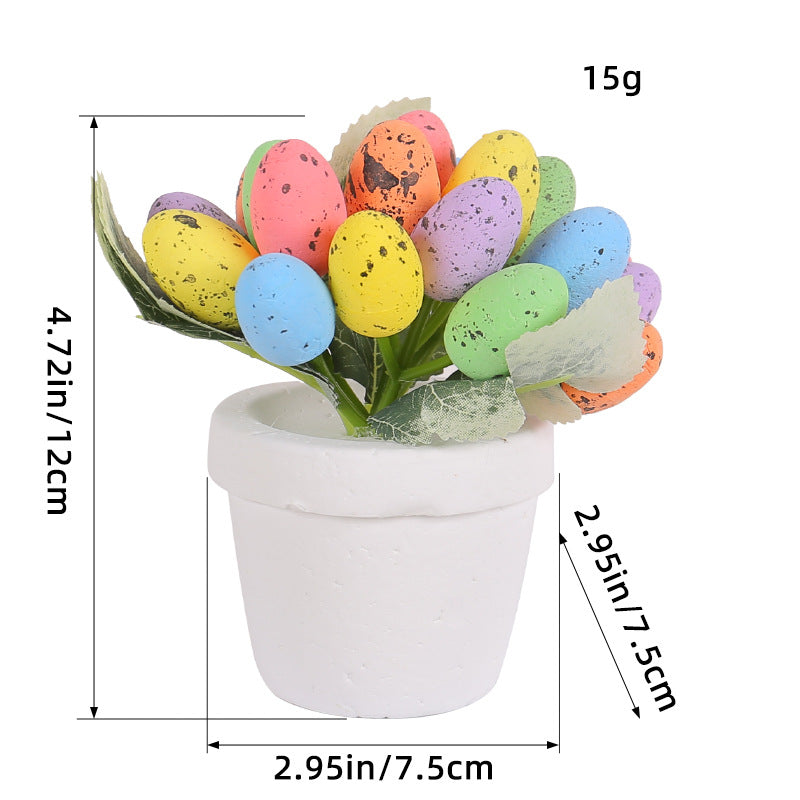 A close-up of a white ceramic pot filled with multicolored artificial eggs, with measurement annotations showing the height and width of the decorative item.
