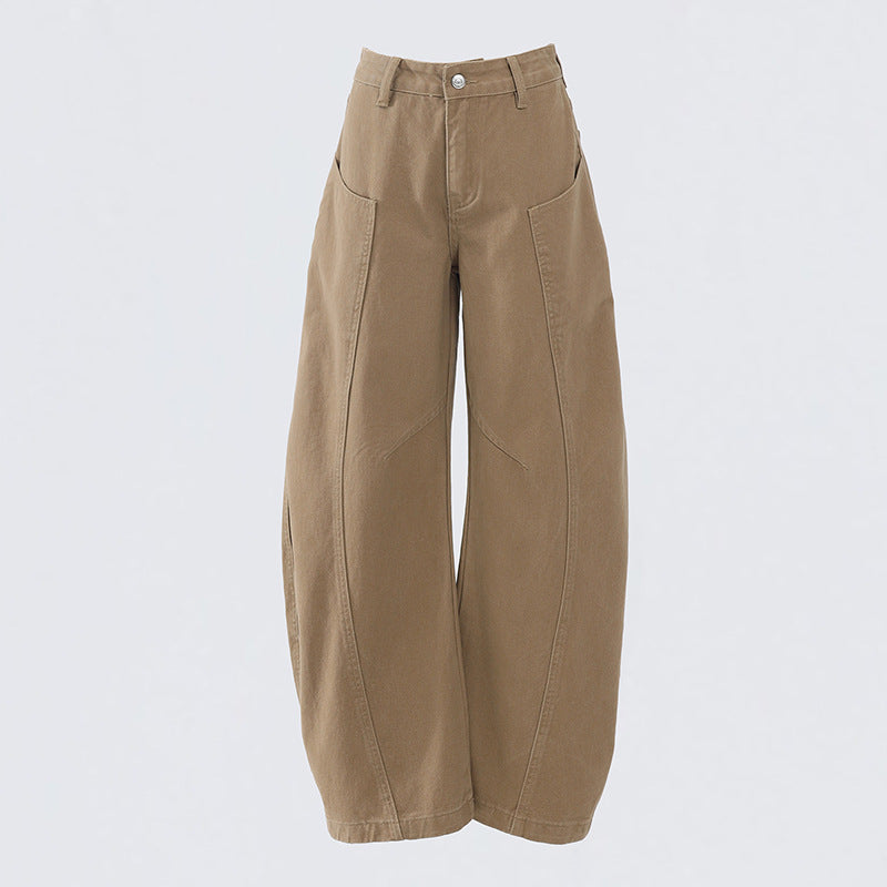 Flat lay front view of khaki wide-leg jeans with seam detail.