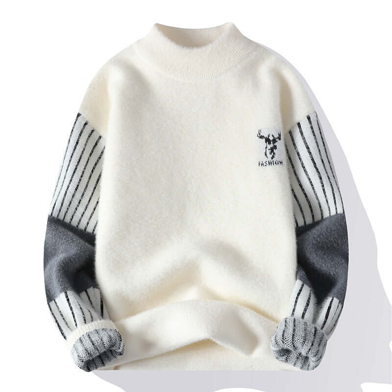 White mockneck sweater with striped sleeves and deer logo