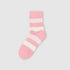 Single pink fuzzy sock with white stripe pattern against white background