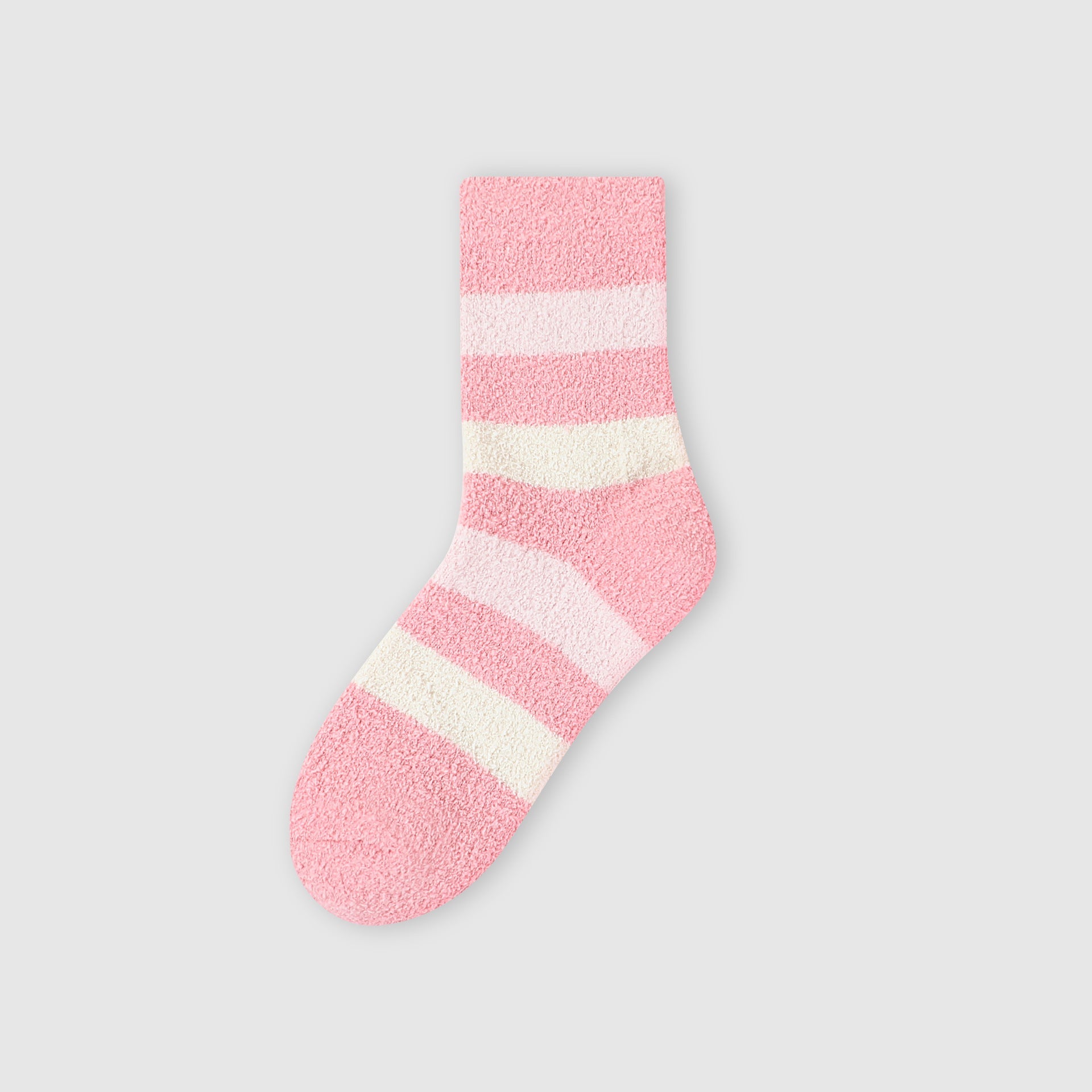 Single pink fuzzy sock with white stripe pattern against white background