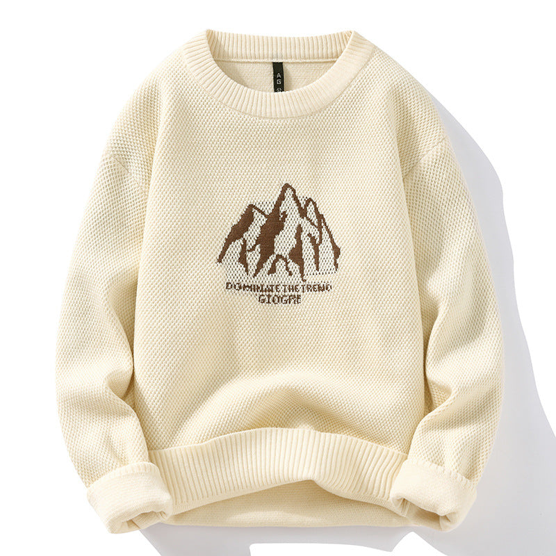 Cream knit sweater with brown mountain logo graphic