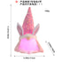 Pink LED bunny gnome plush toy with sequin hat, soft ears, and glowing beard, with size measurements displayed.
