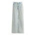 Flat lay of light wash wide-leg jeans with five-pocket design.