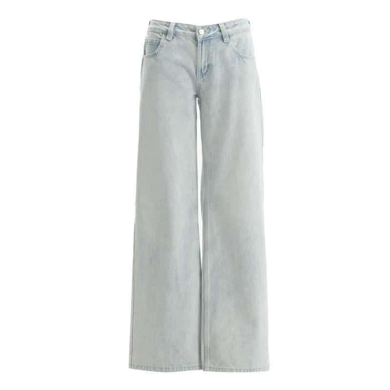 Flat lay of light wash wide-leg jeans with five-pocket design.