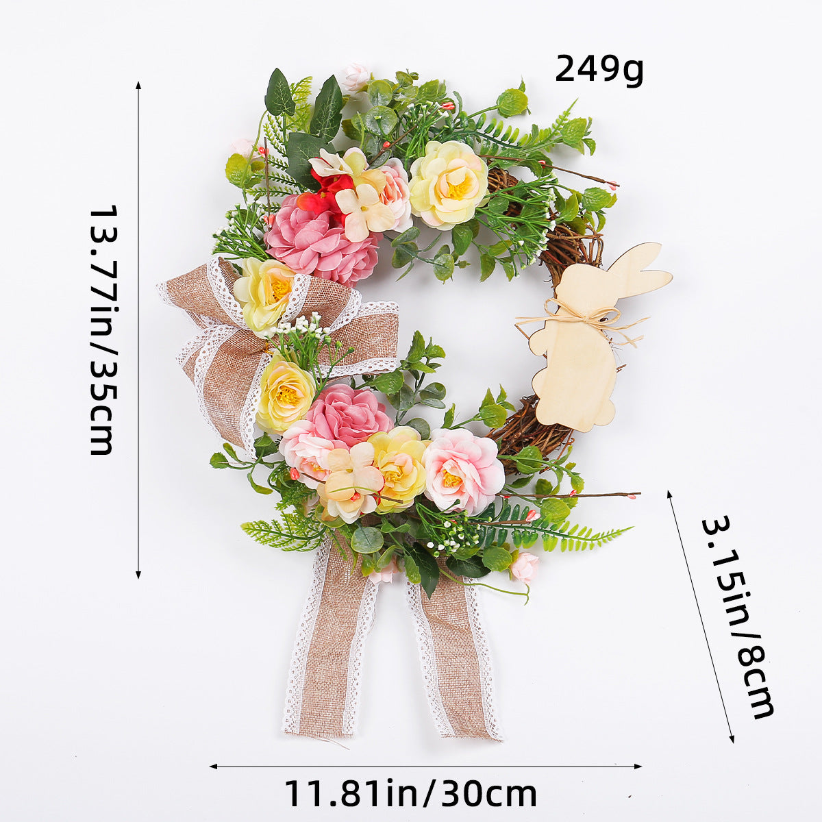 Close-up of an Easter wreath, measuring 35cm (13.77in) in height, 30cm (11.81in) in width, and 8cm (3.15in) in depth, weighing 249g.