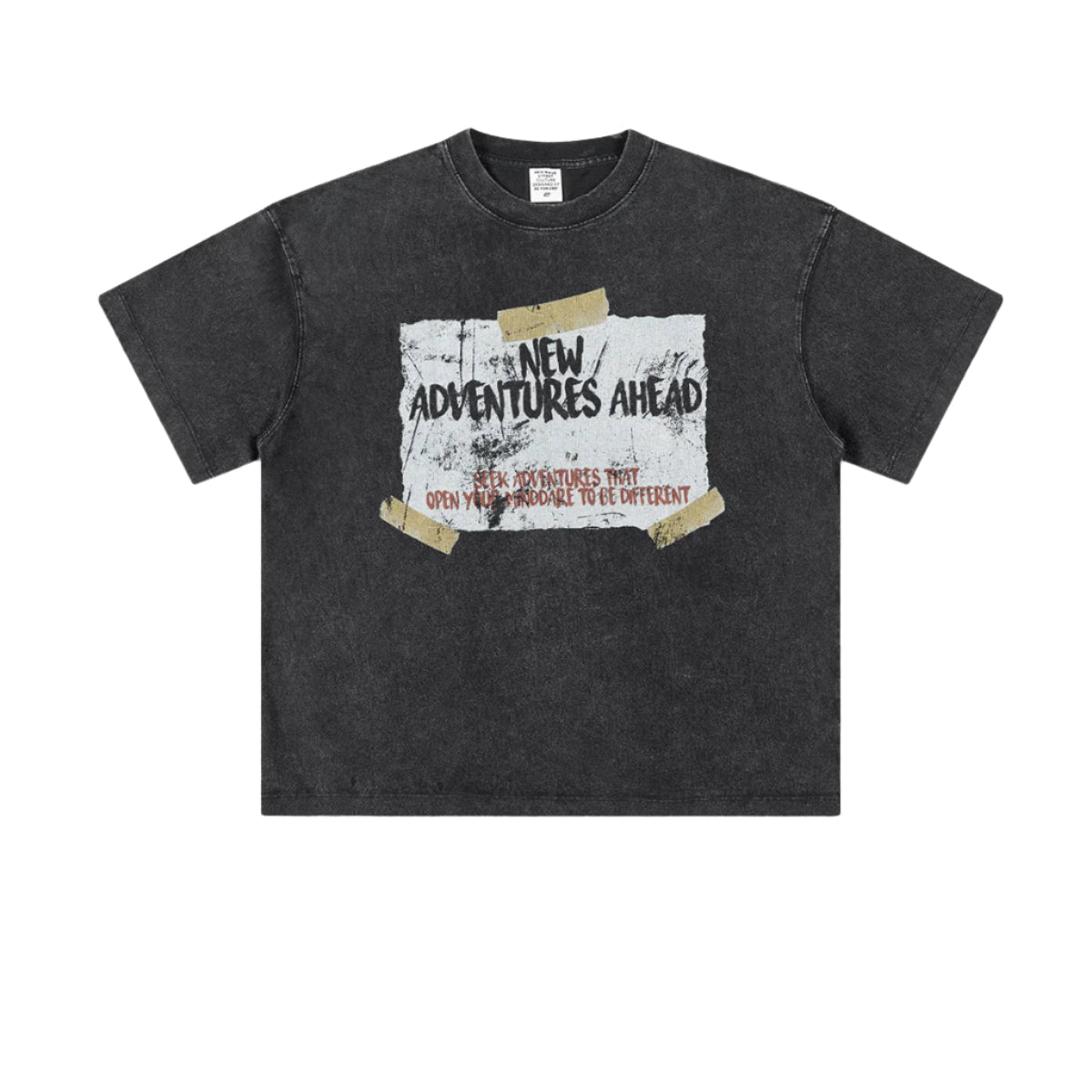 Black t-shirt with "New Adventures Ahead" graphic displayed flat against white background
