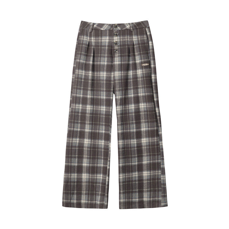 Brown plaid pants with button front and relaxed wide-leg cut