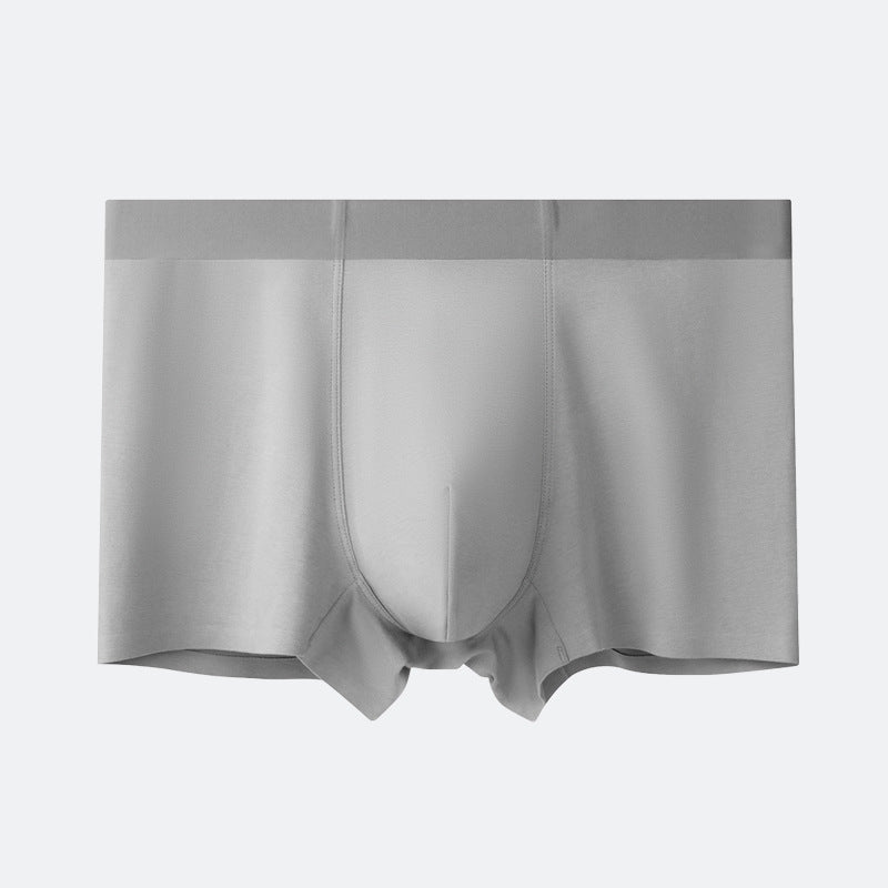 Light gray men's boxer briefs with centered pouch, smooth modal fabric, and dark waistband.