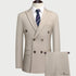Beige double-breasted suit with navy striped tie and white shirt on mannequin
