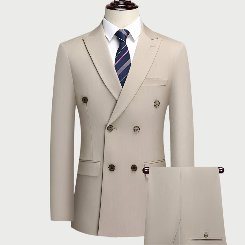 Beige double-breasted suit with navy striped tie and white shirt on mannequin