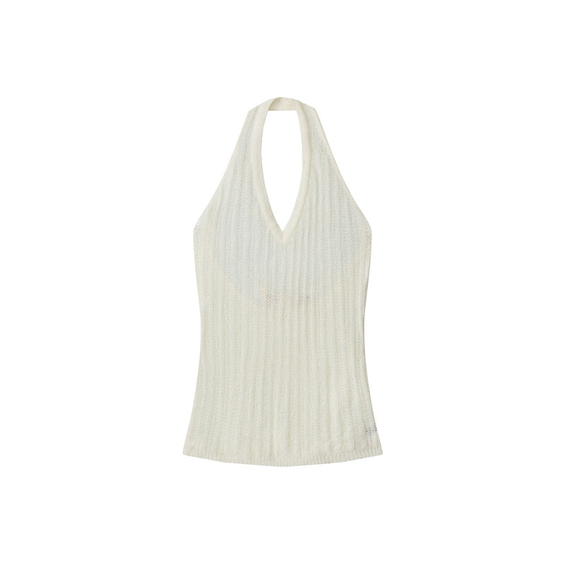 White halter knit tank top flatlay on white background