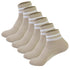 Six-pack of beige ankle socks with white striped cuffs, displayed in a row showing ribbed texture and heel detail