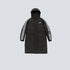 Black puffer parka displayed flat against gray backdrop. Features white triple stripe sleeve detail, hooded design, front pockets and benedictory logo