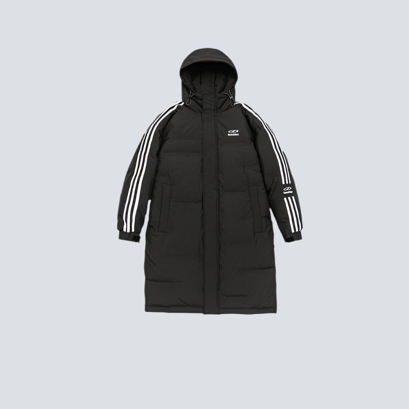 Black puffer parka displayed flat against gray backdrop. Features white triple stripe sleeve detail, hooded design, front pockets and benedictory logo