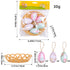 Packaged Easter egg set with six pastel hanging eggs and a woven basket, featuring bunny and floral prints with labeled dimensions.