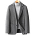 Light gray wool blazer with notched lapels and single button closure, styled with a light gray turtleneck sweater on wooden hanger