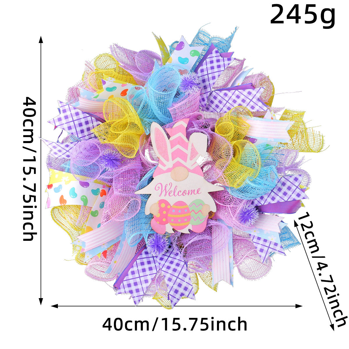 Close-up of a large Easter wreath, featuring pastel mesh ribbons, a bunny sign, and measuring 40cm in diameter.