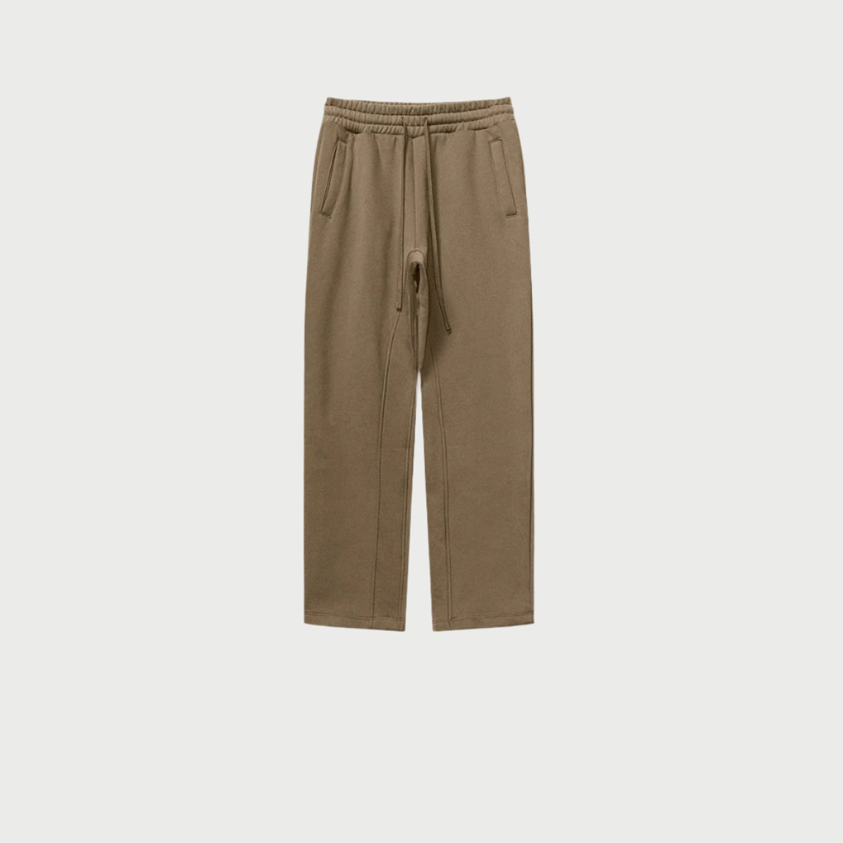 Olive brown sweatpants with elastic waistband, drawstring and side pockets displayed on light gray background