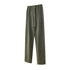 Olive green sweatpants with elastic waistband and white drawstring, showing relaxed fit and side pockets against white background