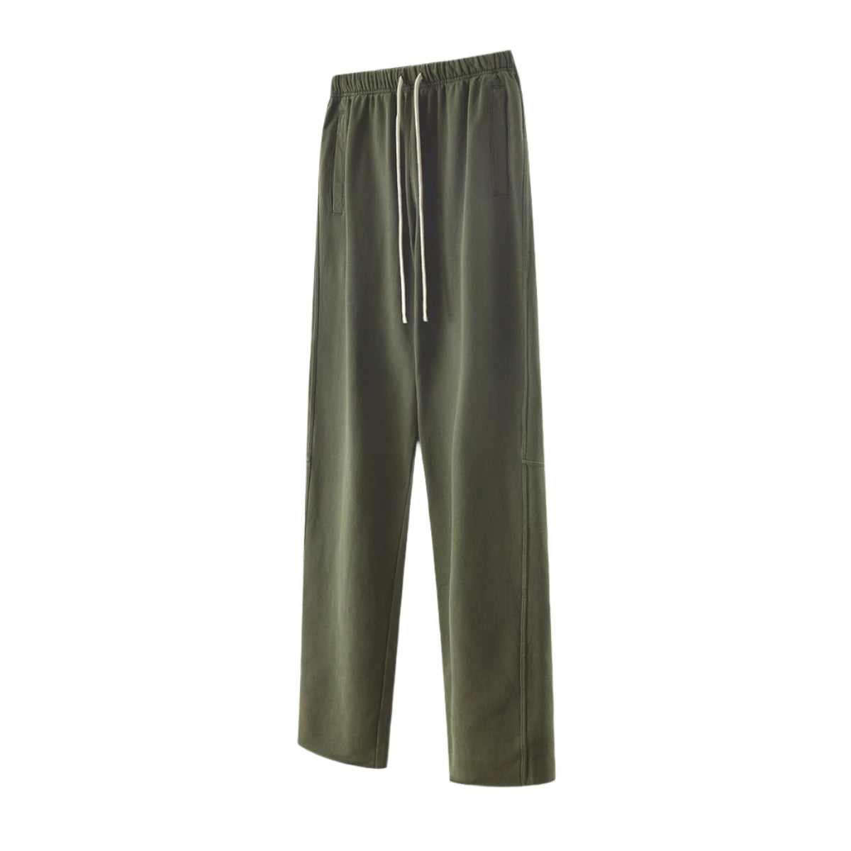 Olive green sweatpants with elastic waistband and white drawstring, showing relaxed fit and side pockets against white background