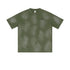 Olive green t-shirt with chest pocket and subtle distressed details on white background