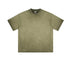 Olive green oversized t-shirt with washed effect displayed flat against white background