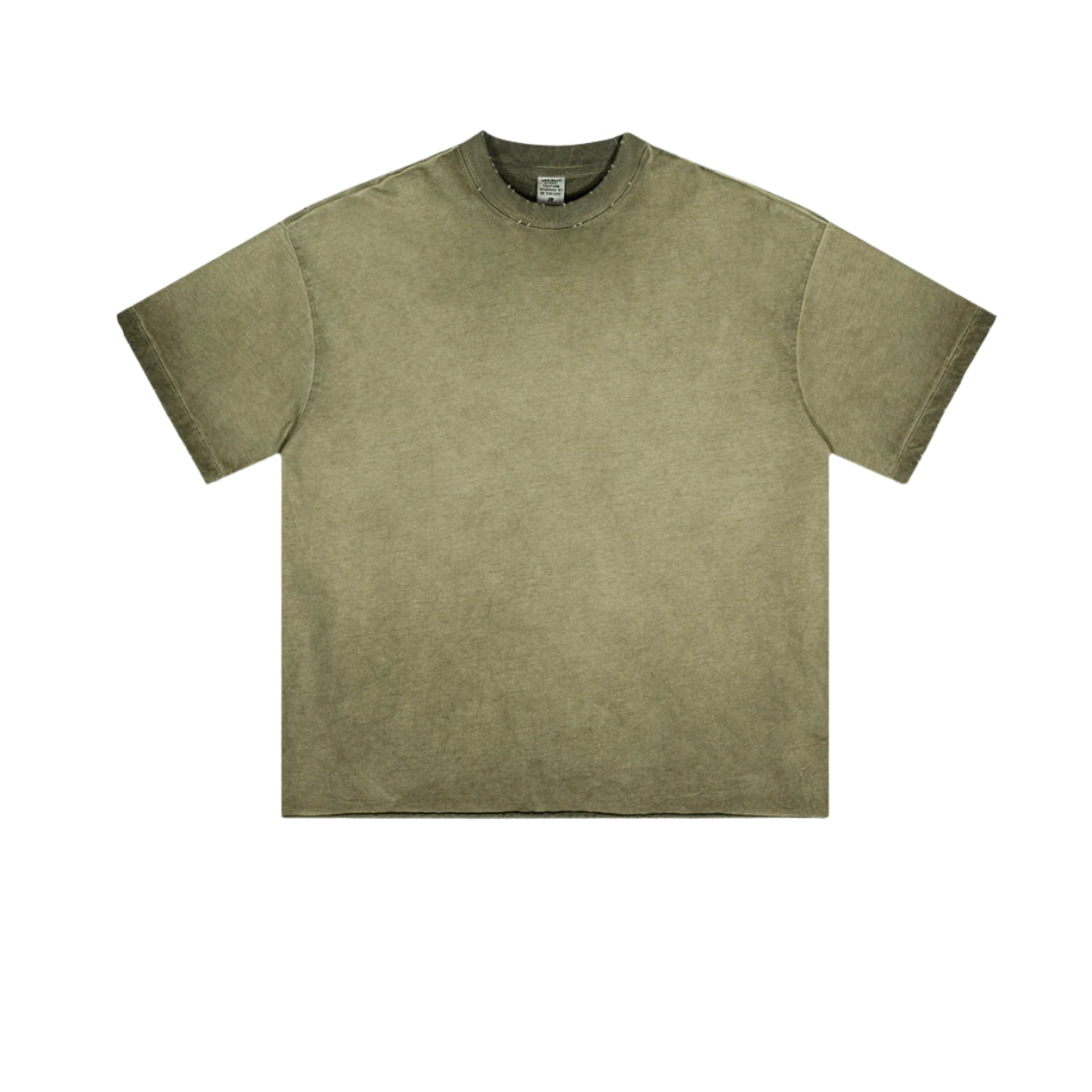 Olive green oversized t-shirt with washed effect displayed flat against white background