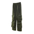 Olive green cargo pants with large zippered utility pockets displayed on white background