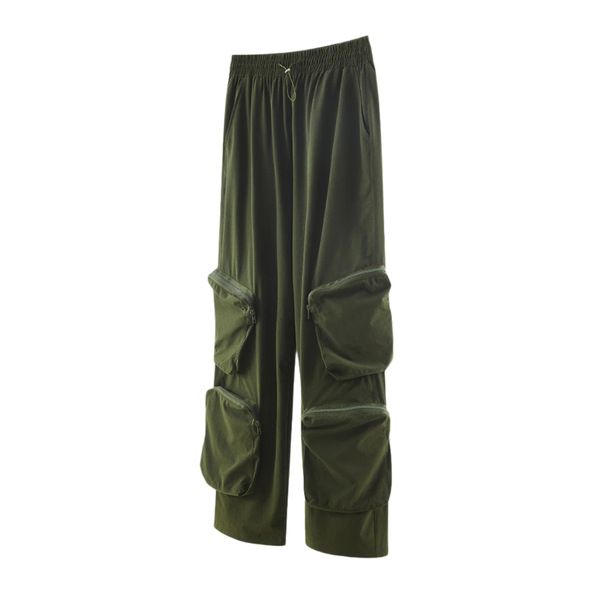 Olive green cargo pants with large zippered utility pockets displayed on white background