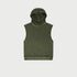 Olive green sleeveless hoodie with raglan shoulders and ribbed hem displayed flat against light background