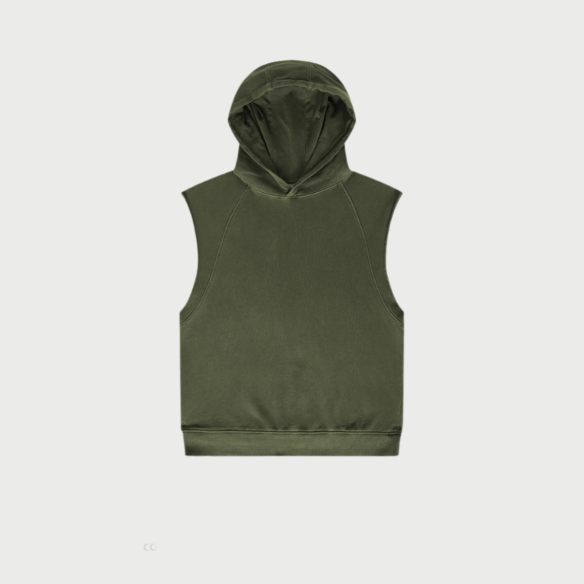 Olive green sleeveless hoodie with raglan shoulders and ribbed hem displayed flat against light background