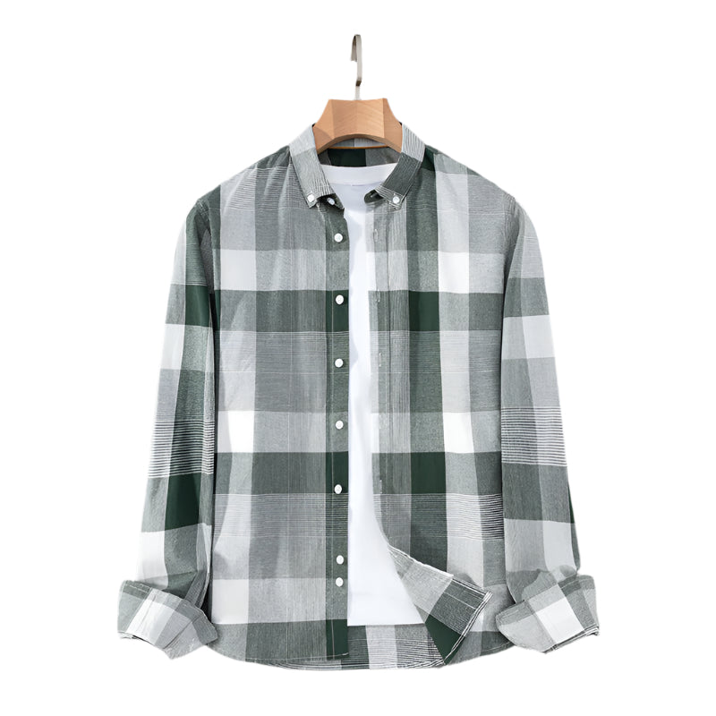 Gray and white large plaid shirt with button-down collar. Partially unbuttoned showing white undershirt