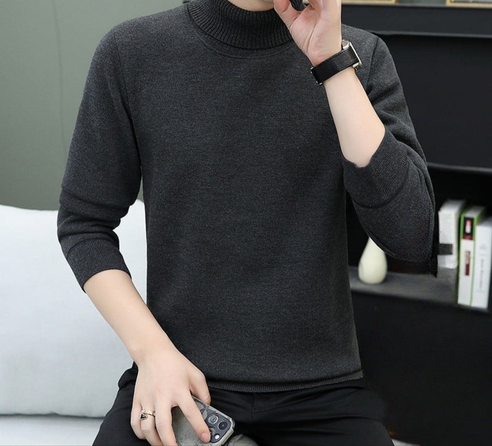Dark gray turtleneck sweater with fleece lining