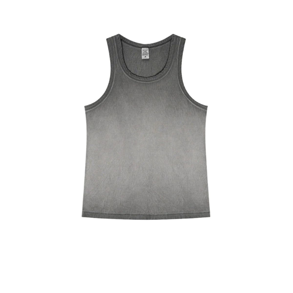 Gray ombre tank top laid flat, showcasing a faded wash design and soft cotton texture