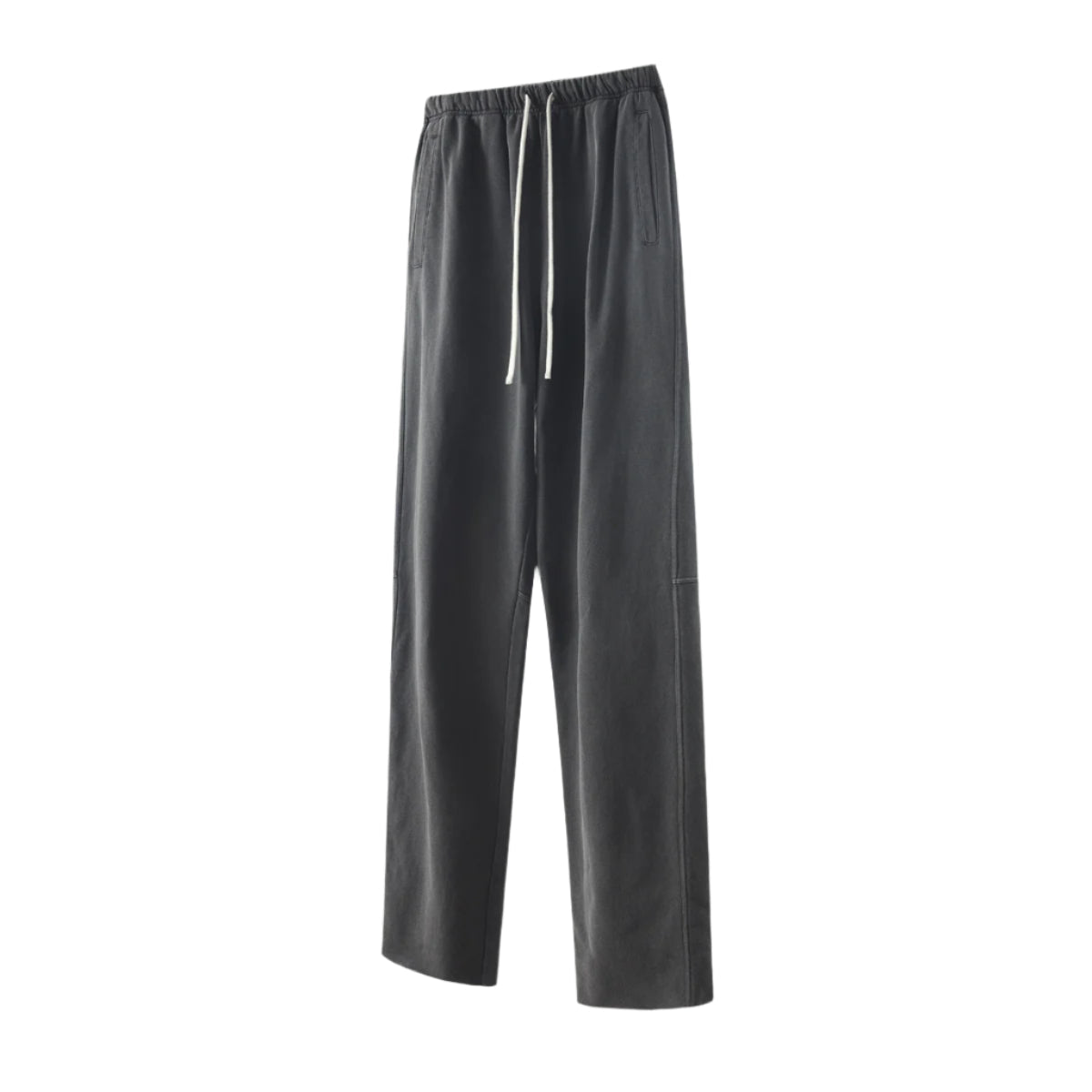 Charcoal sweatpants with elastic waistband and white drawstring, featuring relaxed fit and straight leg design