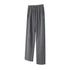 Dark grey wide-leg sweatpants with elastic waistband, drawstring ties and side pockets on white background