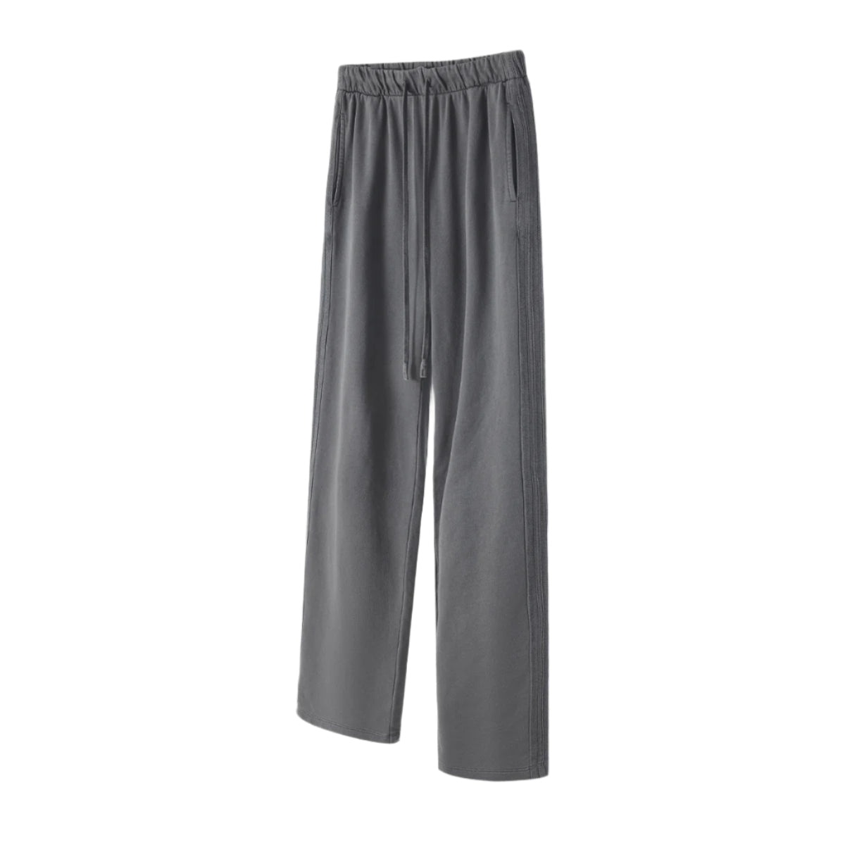 Dark grey wide-leg sweatpants with elastic waistband, drawstring ties and side pockets on white background
