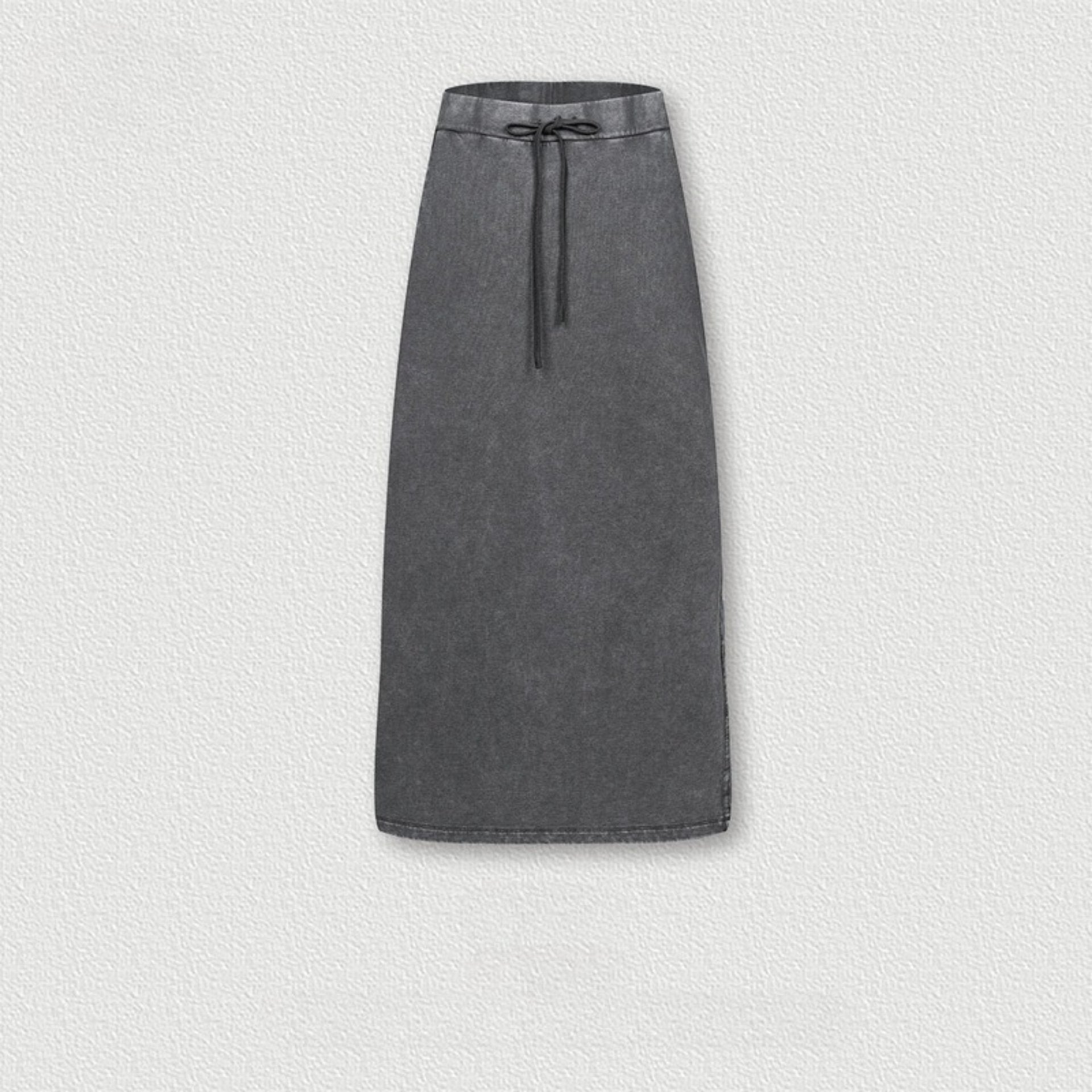 Dark gray long denim skirt with drawstring waist, featuring soft washed texture and subtle side seam detail