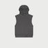 Charcoal gray sleeveless hoodie with hood detail displayed flat against light background
