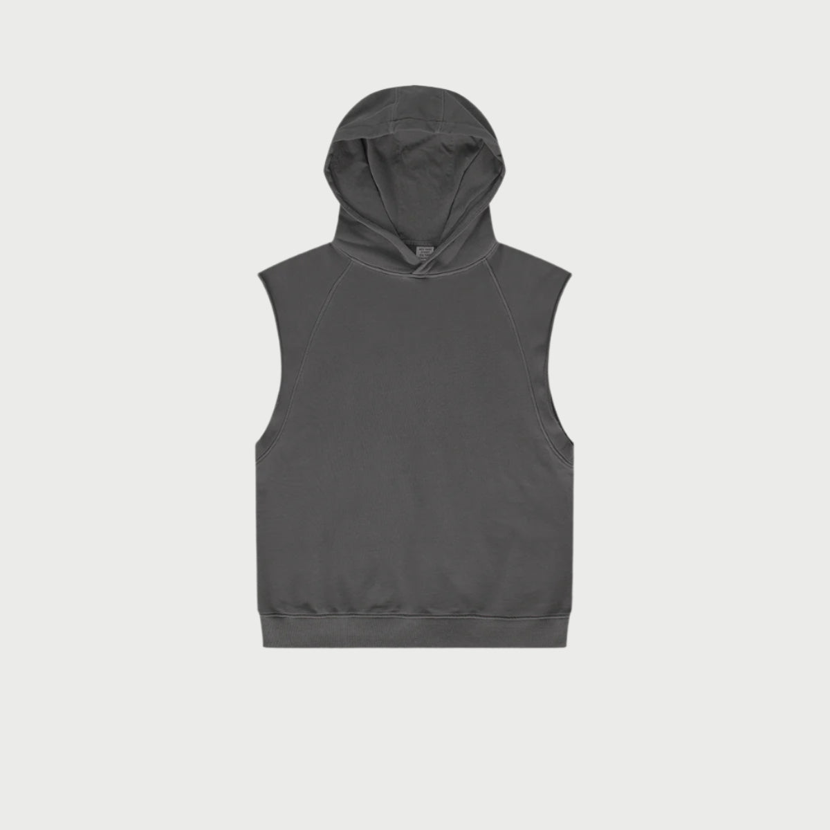 Charcoal gray sleeveless hoodie with hood detail displayed flat against light background