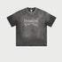 Gray Breaking Tradition tee with white gothic text print, studio product shot