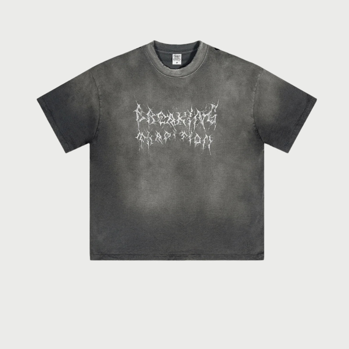 Gray Breaking Tradition tee with white gothic text print, studio product shot