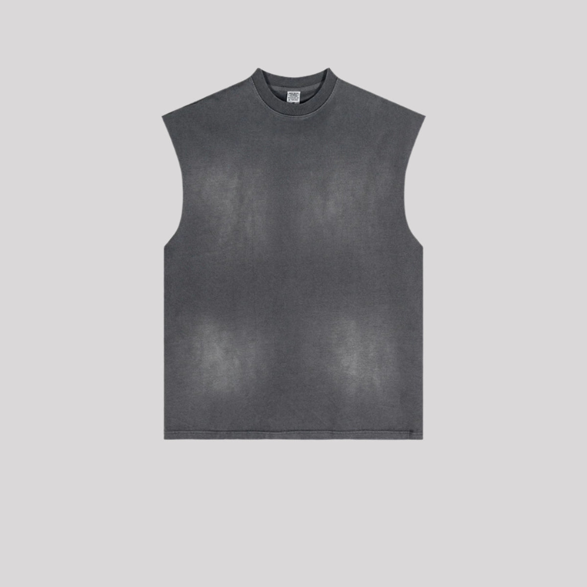 A charcoal gray sleeveless muscle tee with crew neck and distressed finish displayed flat against light gray background.